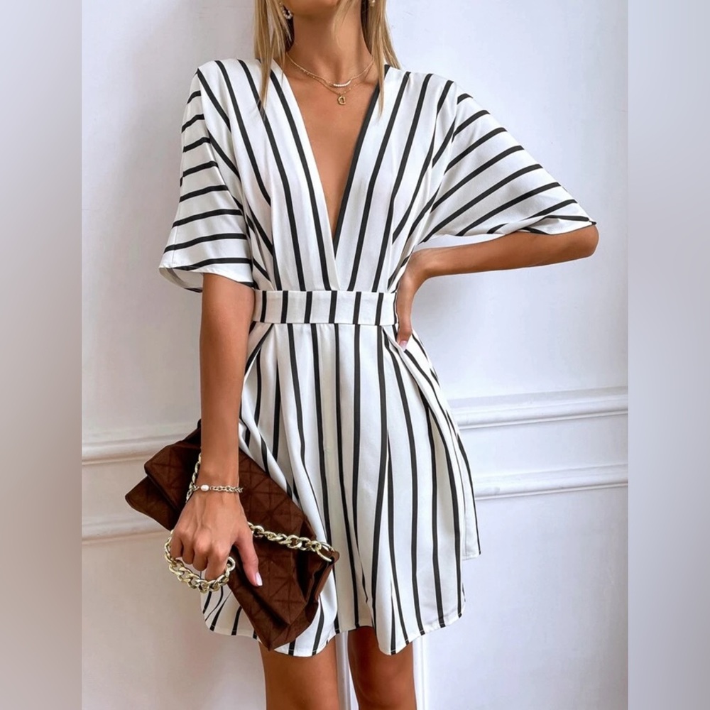 SHEIN Deep V Neck Dress Sz XL 12 White w/ Black Stripes NWOT